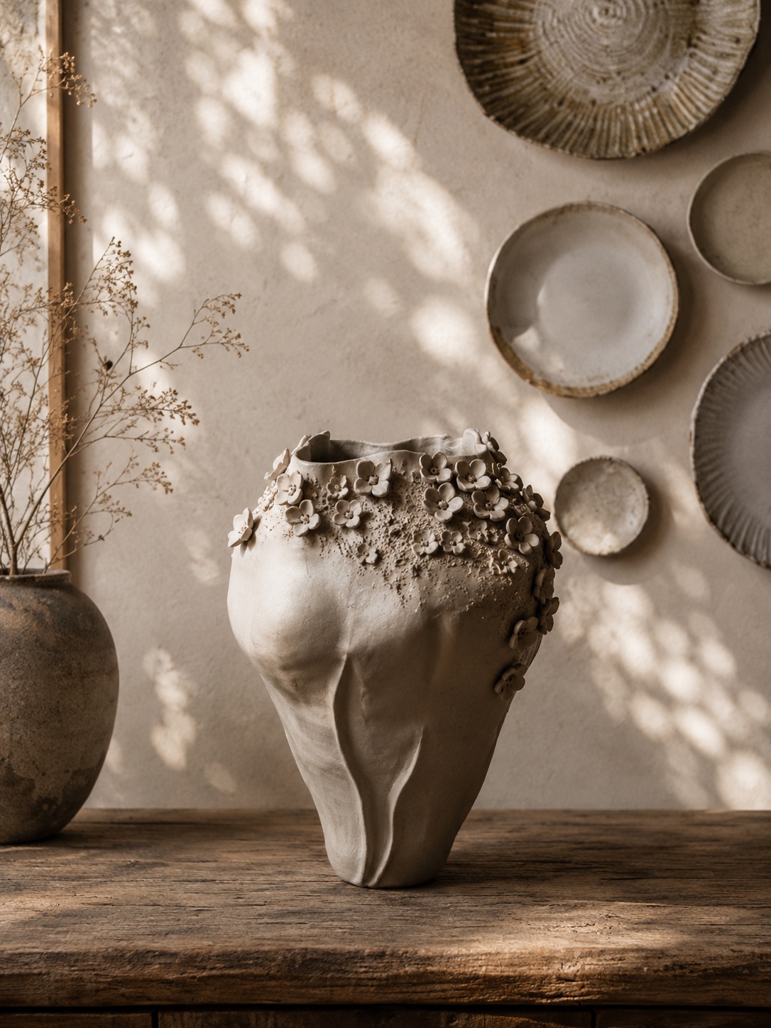 A handbuilt floral Mana Studio vessel on reclaimed wood in soft, dappled morning light