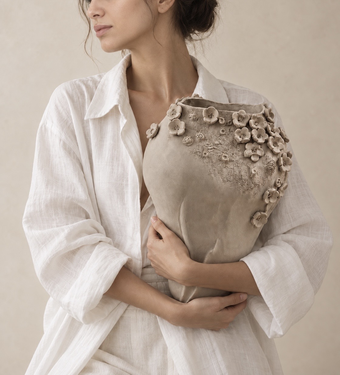 Woman in white holding a handbuilt floral ceramic vessel close to her body